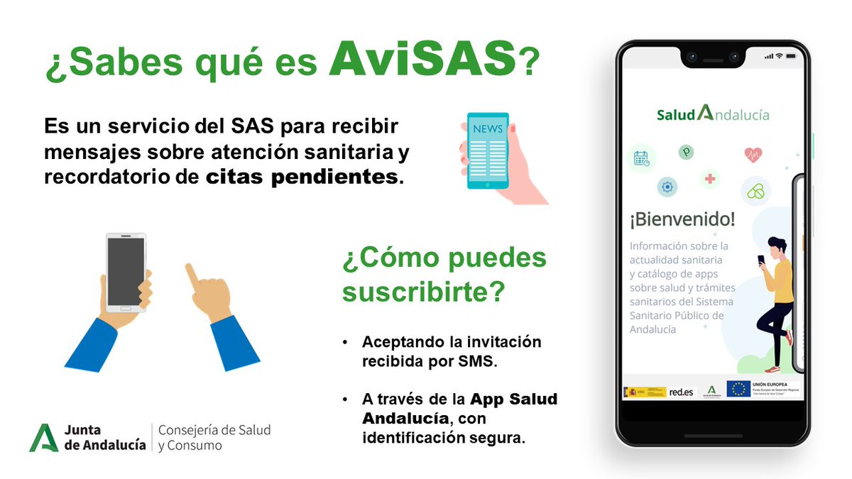 HRegionalMalaga's tweet photo. ¿Sabes que es AviSAS?

Es un servicio del SAS para recibir mensajes sobre atención sanitaria y recordatorio de citas.

¿Cómo puedes suscribirte?
➡️ Aceptando la invitación por SMS.
➡️ A través de la App #SaludAndalucía.

 https://t.co/XcrSQjRtgJ

#SomosHRegional
#HRUMContigo https://t.co/0IfAogNP7Q