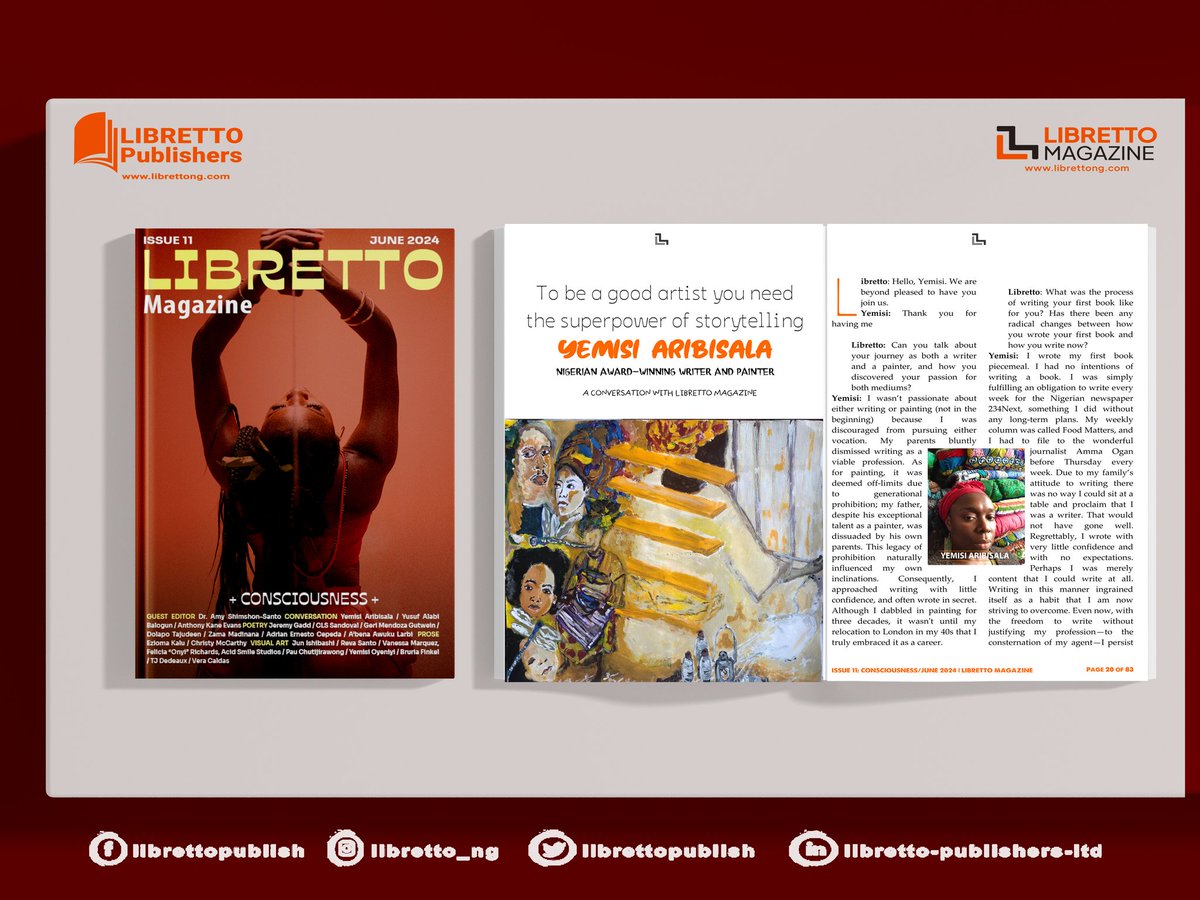librettong's tweet photo. To be a good artist you need the superpower of storytelling by Yemisi Aribisala
#librettopublishers
#librettomagazine
#librettobooks,
#Issue11
#consciousness
#internationalmagazine
#GlobalCreativity
#Writers
#Poets
#VisualArtists
#NewRelease
Cc: @yemisiAA https://t.co/vD63IRBU9H