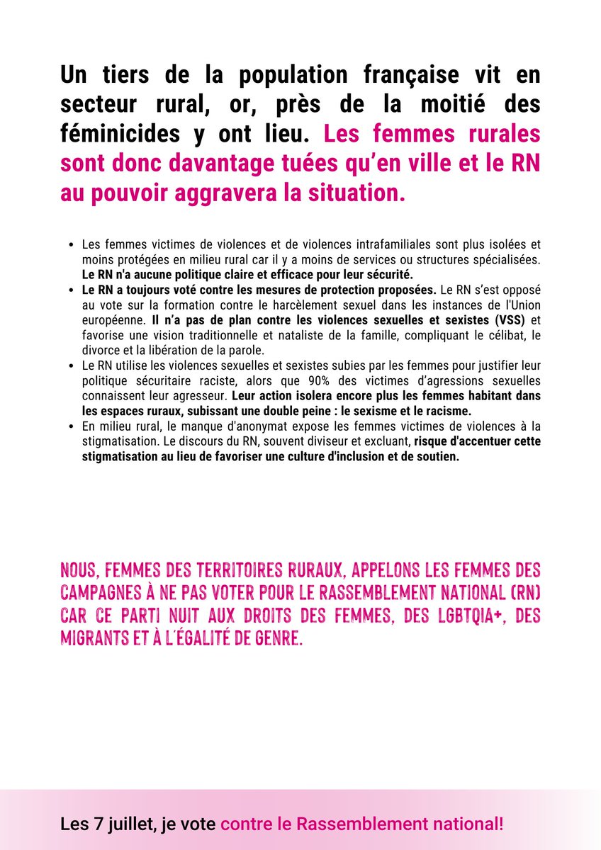 Twitter, avec les militantes de la ruralité de l'association du planning familial où je bosse on a fait un tract intitulé 

👉Voilà pourquoi les femmes en territoire rural devraient voter contre le RN

Il est à votre dispo. Je peux vous l'envoyer et déjà voici une version jpg.