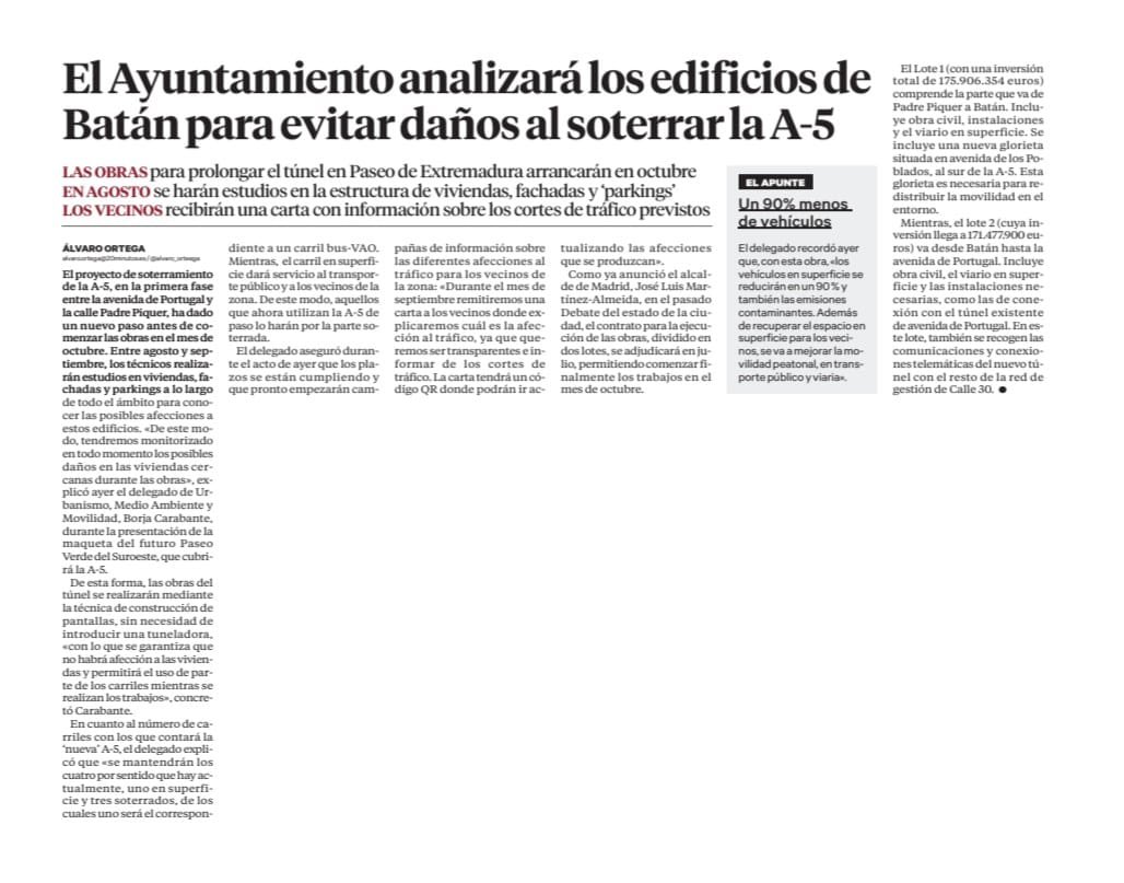 Desde <a href="/madrid/">Ayuntamiento Madrid</a> ponemos a disposición de los vecinos la maqueta del proyecto del futuro pasillo verde del suroeste. El #soterramientoA5 que en octubre comenzará sus obras para generar el mayor proyecto de regeneración urbana del #distritolatina. Se podrá visitar en <a href="/JMDLatina/">Distrito de Latina</a>