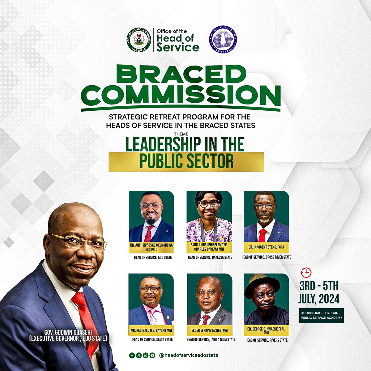 HOS_Edo's tweet photo. The long awaited BRACED Commission Retreat for Heads of Service, first of its kind begins tomorrow Wednesday, 3rd - Friday 5th July 2024

We look forward to an exciting time!

#BRACEDRetreat2024
#Edostatecivilandpublicservice
#Headofserviceedostate https://t.co/MTg5FgLrdO