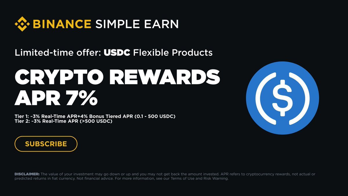 Introducing $USDC Flexible Products with #Binance Earn. Earn up to 7% APR  by completing USDC subscriptions. Read more here ➡️ https://t.co/maL0o99Pwp