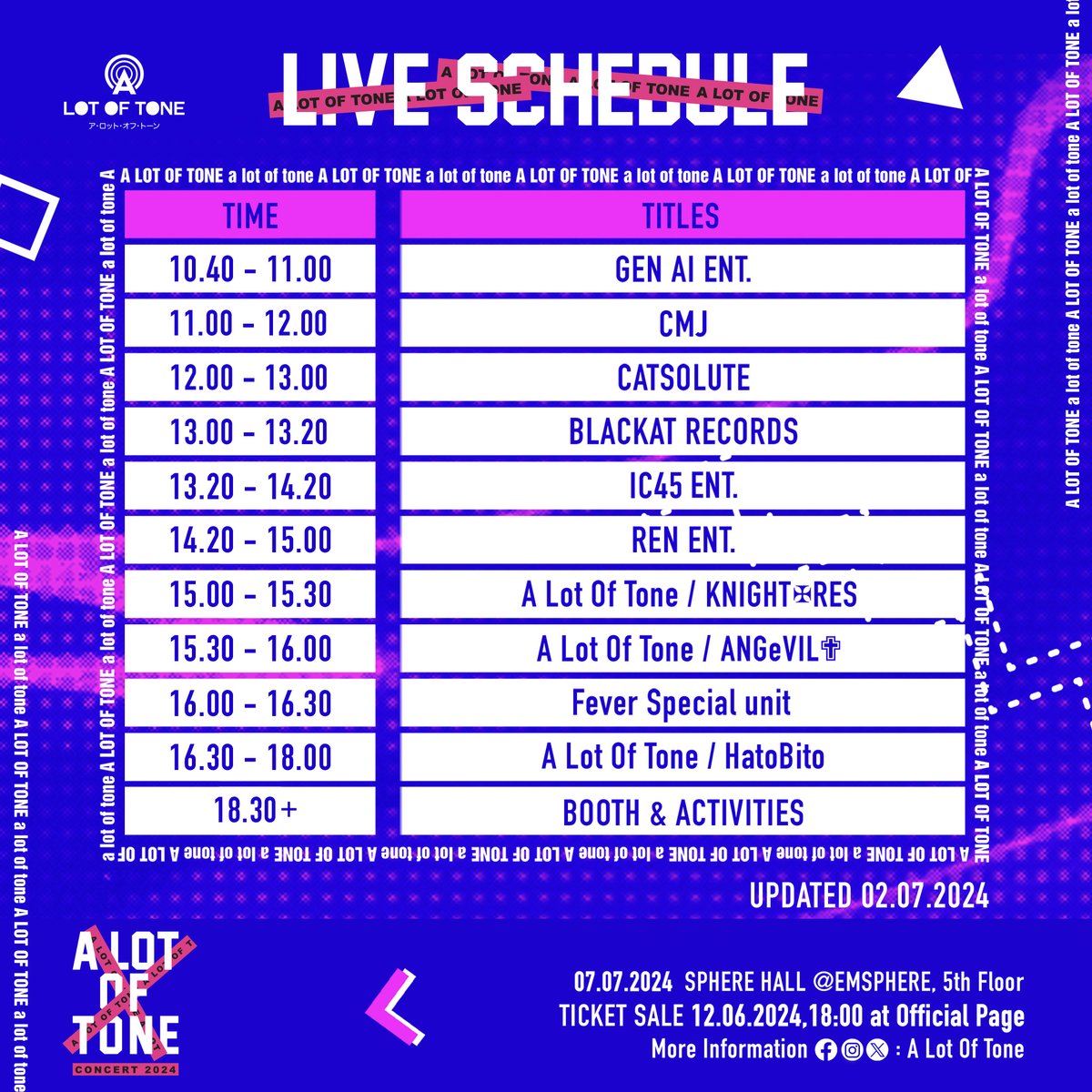 A_Lot_Of_Tone's tweet photo. A Lot Of Tone Concert 2024
[Sphere hall at Emsphere]
07.07.2024, 10.00 - 22.00

แจ้งการปรับเปลี่ยนเวลาการแสดงในงาน A Lot Of Tone Concert 2024 - Updated 02.07.2024

🔻 ------------------------------🔻
Ticket Available at https://t.co/JeCLZgK9vw
#ALotOfTone #ALotOfToneConcert2024 https://t.co/dGsSZklytI