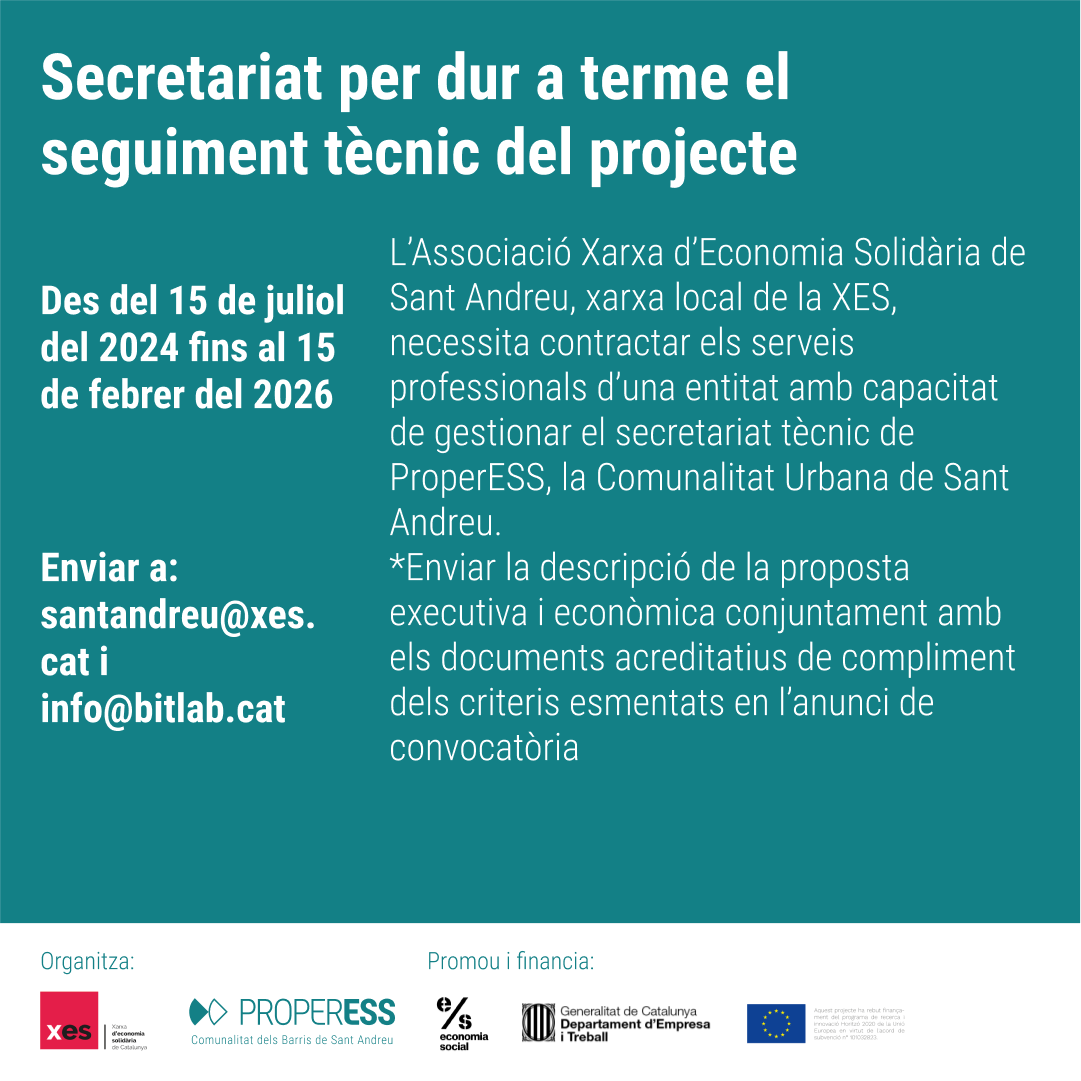 properess's tweet photo. ℹ️La @XES_SantAndreu necessita contractar els serveis professionals d’una entitat amb capacitat de gestionar el secretariat tècnic de #ProperESS. 

🗓️ Termini de presentació de la proposta: 10 juliol de 2024 a les 12:00 h. 

https://t.co/EZWxL5j5LT https://t.co/z0u5QtH5go