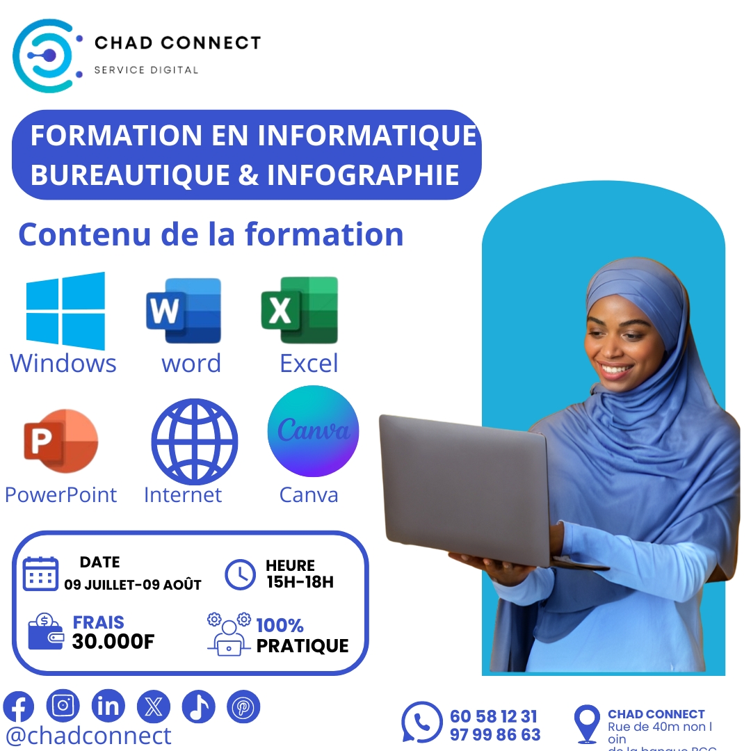 ChadConnect's tweet photo. Chad Connect vous propose une formation pratique et complète pour maîtriser les outils indispensables : 𝐖𝐢𝐧𝐝𝐨𝐰𝐬, 𝐖𝐨𝐫𝐝, 𝐄𝐱𝐜𝐞𝐥, 𝐏𝐨𝐰𝐞𝐫𝐏𝐨𝐢𝐧𝐭, 𝐈𝐧𝐭𝐞𝐫𝐧𝐞𝐭, et 𝐂𝐚𝐧𝐯𝐚. 🎓💻
 Pour plus d'informations, contactez-nous au 60 58 12 31 ou 97 99 86 63, https://t.co/uT08XiKITp