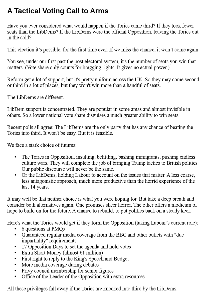 edwinhayward's tweet photo. I have published a tactical voting call to arms.

You can download a PDF copy at the link below, if you'd like to circulate it on Facebook or elsewhere, or share it with family, friends or colleagues.

Together, we can drive the Tories into third place.
https://t.co/t8fTycpXgD https://t.co/t9KjryHiYf