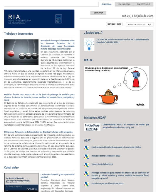 AEDAF's tweet photo. ¿Sabías que la #AEAT ha creado un nuevo servicio de "#Complementaria Calculada" del #IRPF 2023? Te lo contamos en la #RIA de la semana 👇 https://t.co/bS5gl8LjDs
#AEDAF #asesoresfiscales #actualidadfiscal #TAX #ImpuestoGrandesFortunas #jurisprudencia #legislacion #TEAC https://t.co/UVqWTOcOsB