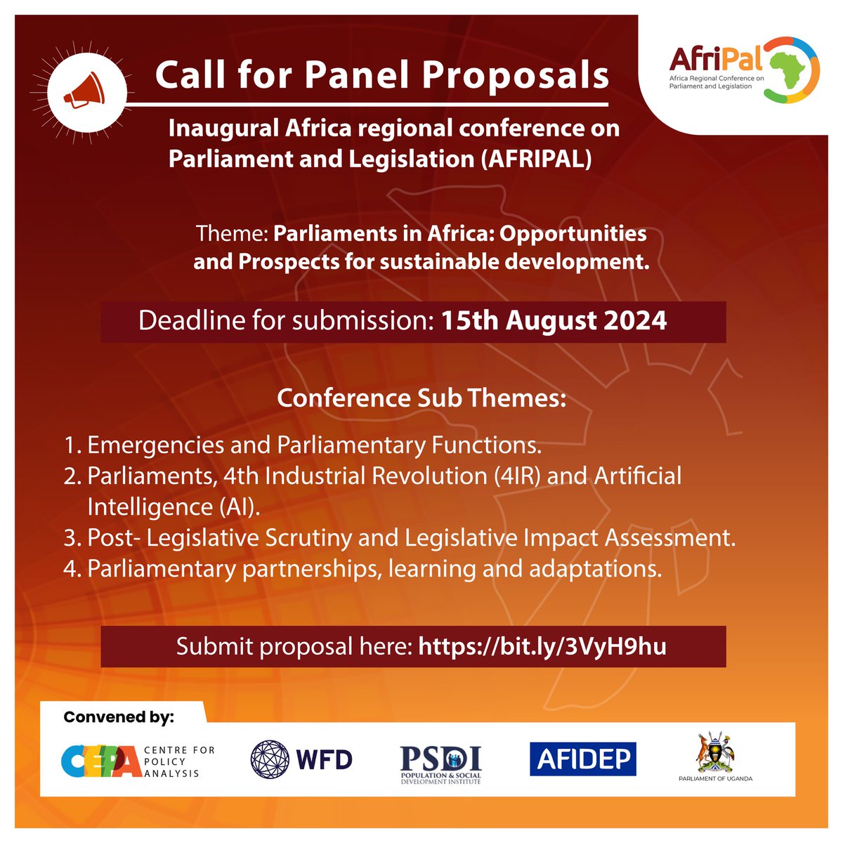 📢 Attention all researchers, scholars, and activists! The Inaugural Africa Regional Conference on Parliament and Legislation (AFRIPAL) is calling for 90-minute panel proposals following conference subthemes: 

▪️Emergencies and Parliamentary Functions
▪️Parliaments
▪️4th