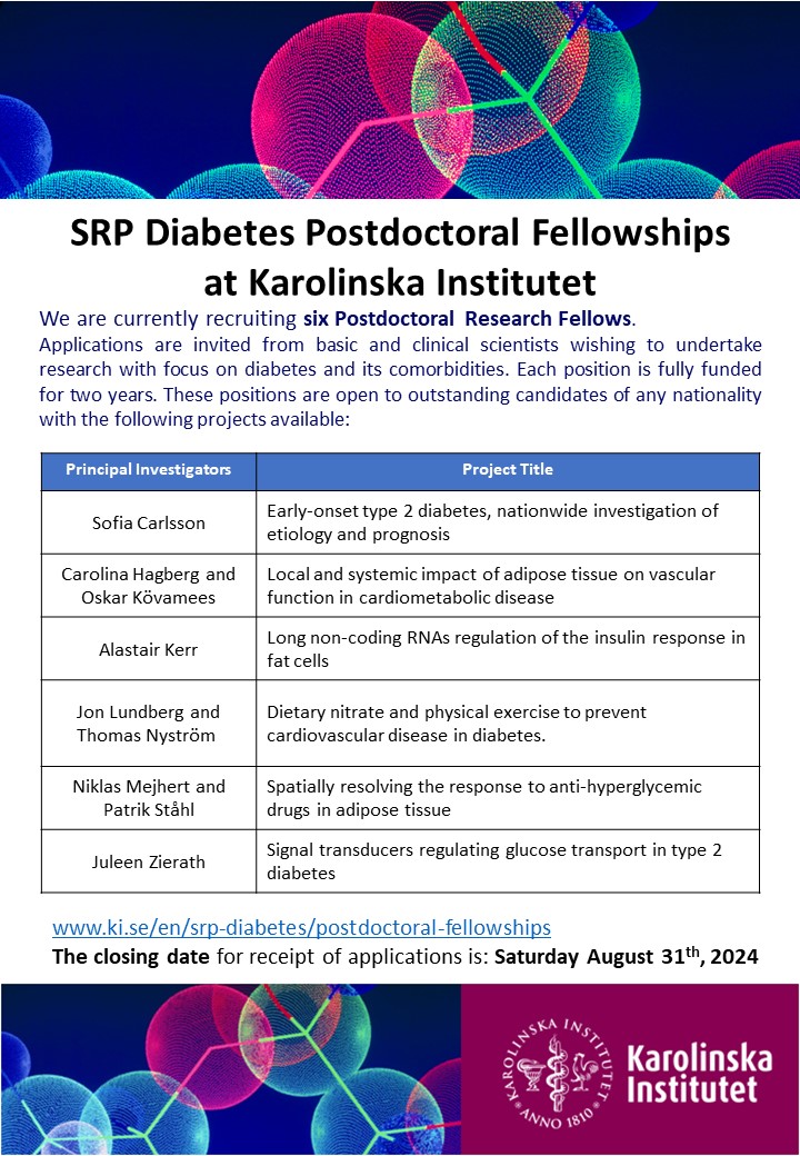 SRP DIABETES (@srp_diabetes) on Twitter photo We fund six new postdoc positions in #diabetes research, check them out here:
ki.se/en/srp-diabete…
Apply by August 31! <a href="/EstridStudy/">ESTRID study</a> <a href="/Hagberglab/">Carolina Hagberg</a> <a href="/JuleenRZierath/">Juleen R. Zierath</a> <a href="/MMK_research/">MMK Research and Education</a> <a href="/karolinskainst/">Karolinska Institutet</a> <a href="/DiabetesLUDC/">DiabetesLUDC</a> We fund six new postdoc positions in #diabetes research, check them out here:
ki.se/en/srp-diabete…
Apply by August 31! <a href="/EstridStudy/">ESTRID study</a> <a href="/Hagberglab/">Carolina Hagberg</a> <a href="/JuleenRZierath/">Juleen R. Zierath</a> <a href="/MMK_research/">MMK Research and Education</a> <a href="/karolinskainst/">Karolinska Institutet</a> <a href="/DiabetesLUDC/">DiabetesLUDC</a>