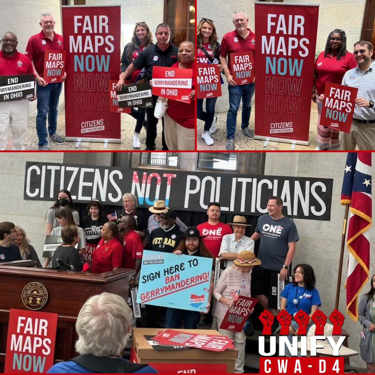 D4CWA's tweet photo. CWA joined the overwhelming majority of Ohioans at the statehouse to demand they #EndGerrymandering and create #FairMapsNow! #OhioAFLCIO #UnionStrong #CWAStrong @ohioaflcio @We_Are_Ohio https://t.co/Gq1GWWDCcx