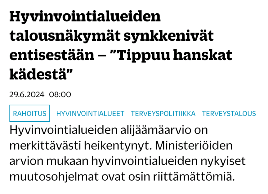 Ilmainen vinkki poliittisille päättäjille, jotka on muutenkin valittu VASTUUtehtäviin.

Kertokaa terveydenhuoltoyksiköille ketkä ja mitä hoidetaan ja mitä taas valtio ei aio maksaa. Takaan, että kaikki muuttuu helpommaksi. Nyt "säästöt" ajavat vain kaaokseen kun kaikki hoidetaan.