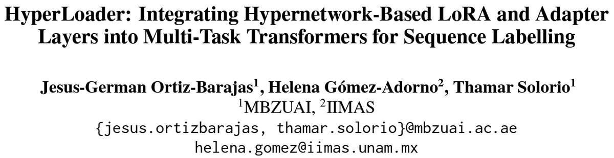 jgermanmx's tweet photo. 🚨Happy to introduce our latest work: HyperLoader, a simple approach that combines different parameter-efficient fine-tuning methods in a multitask setting using hypernetworks for Sequence Labelling (1/🧵)
Collab with @helen_py and @thamar_solorio
📑 https://t.co/PCVixmMuNr https://t.co/vH9w2LwwOu