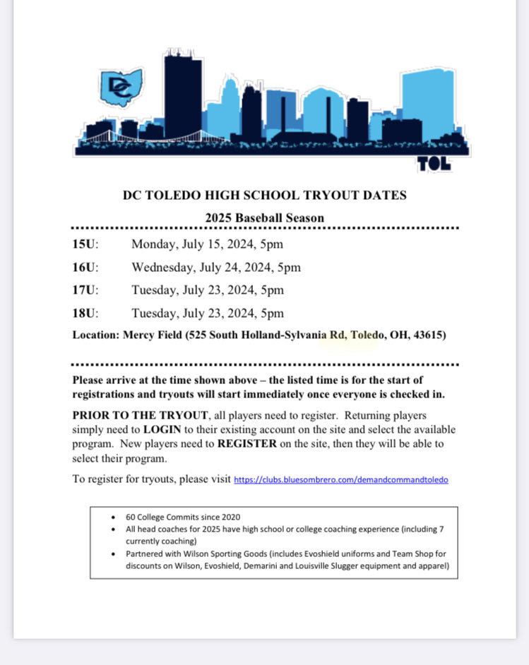 DC_Toledo's tweet photo. Tryouts for 2025 ⁦@DC_Toledo⁩ high school teams have been posted!

Players must register prior to tryouts via the link below and the total number of participants will be capped so please register ASAP.

https://t.co/vzs2dYBmAu https://t.co/pcjzEEVEZ8
