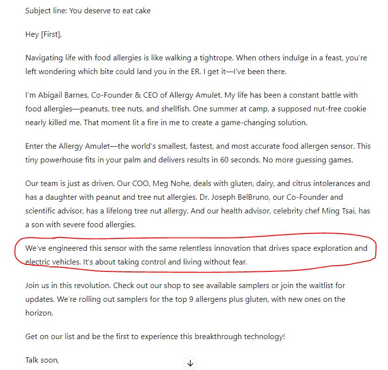 AdelaWrites's tweet photo. Day 2 of #100DaysofAI 🧪

Study: The basic functionality of @ChatGPTapp

Task: Use it to rewrite an email in @elonmusk 's style.

I picked one I wrote a while back for the Allergy Amulet, a client I would have loved to work with.

GPT says Elon would have written it.... 👇 https://t.co/1xWHWNzMnX