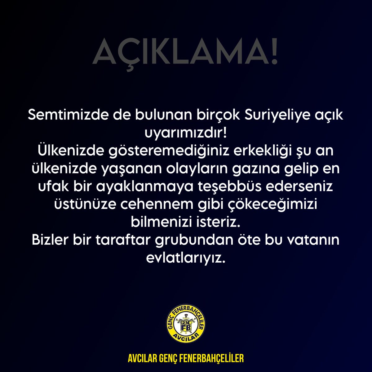 LastValentine3's tweet photo. Fenerbahce maçında fenerbahce forması giyen olursa çıkan olaylar olursa karışmayız diyordunuz hadi şimdi Suriyeliler içinde bir açıklama yayınlayın @Nalcacililar @ibrahimApali42 https://t.co/iCRQQJwa5y