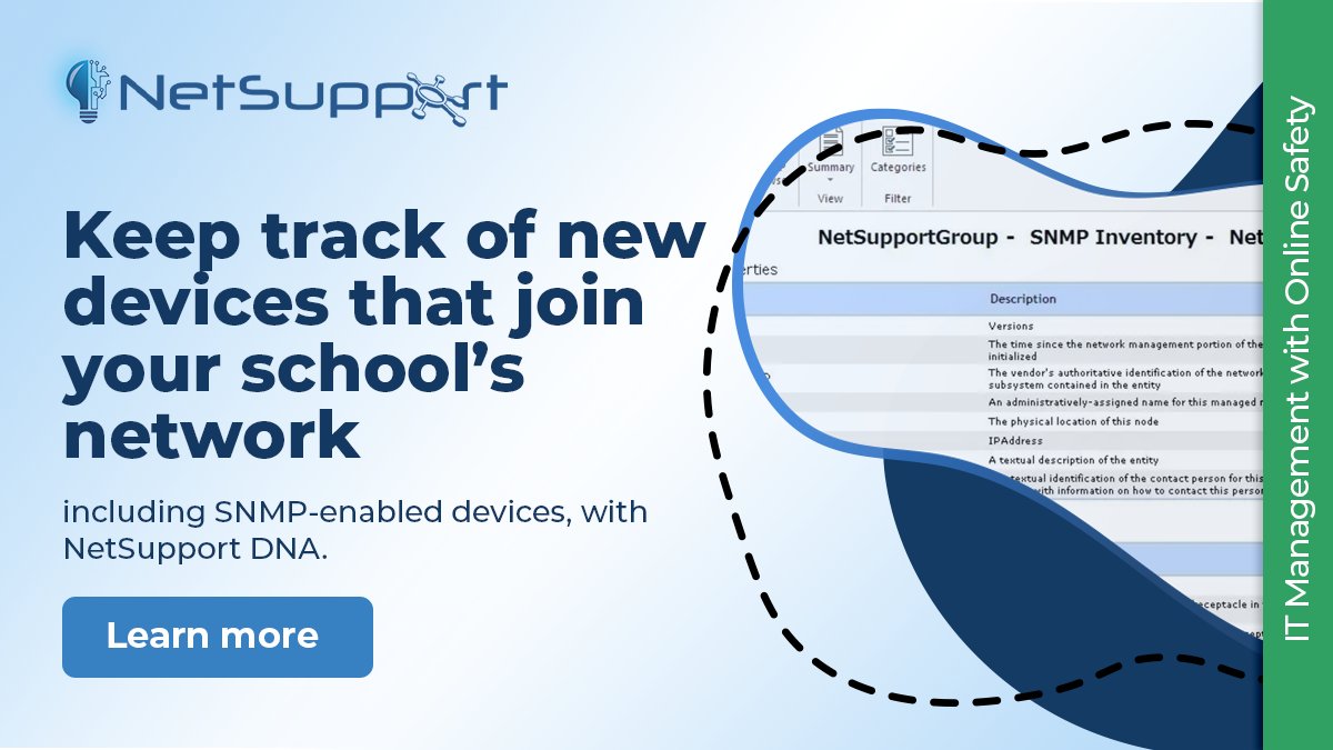 Once #NetSupportDNA is installed and operational in your school, it will constantly monitor the network to identify and alert you to any new devices (and SNMP-enabled network devices) that join, providing the option to automatically deploy an agent for future management.

#EdTech