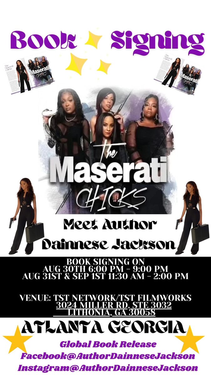 “ Maserati Chicks “ Book Signing! 
Meet @official_author_dainnese
AUG 30th 6:00 PM - 9:00 PM
AUG 31ST &amp; SEP 1ST 11:30 AM

Book Out Now!! #Amazon
a.co/d/626rlbX

#NewBookRelease
#BookSigning  #MustRead #Suspense  #Amazon ➡️ a.co/d/626rlb