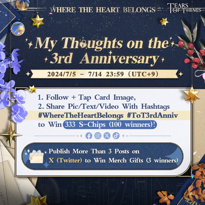 TearsofThemisEN's tweet photo. #️⃣ 3rd Anniversary Hashtag Event

❤️ Follow + Tap Card Image
❤️ Share Pic/Text/Video With Hashtags #WhereTheHeartBelongs #ToT3rdAnniv to Win 333 S-Chips (100 winners)!
🎁Publish More Than 3 Posts on X to Win Merch (3 winners)

Details: https://t.co/pxvtZSaJLP

#TearsOfThemis