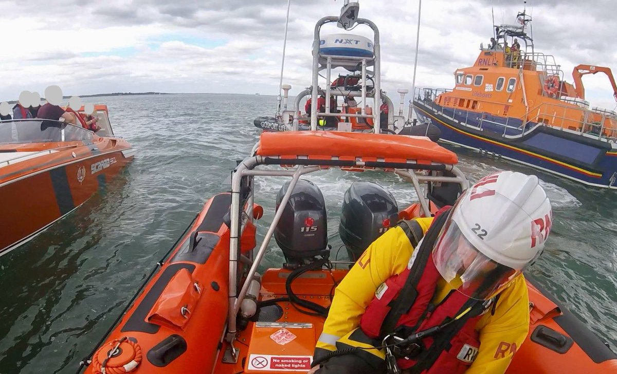 Lymington and Yarmouth RNLI Lifeboats and Gosport Independent Lifeboat respond to Mayday from powerboat at risk of sinking in central Solent on Sunday afternoon. Water ingress stopped and vessel and seven persons onboard safely returned to shore.