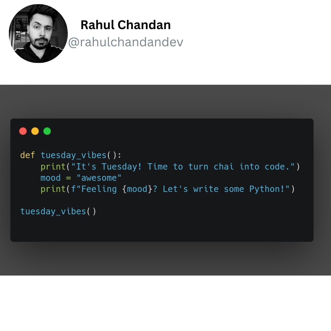 BookedWithRahul's tweet image. I cant get any work done without my Chai ☕️! Are you also a Chai addict?
#tuesdayvibe #PythonAi #pythonprojects