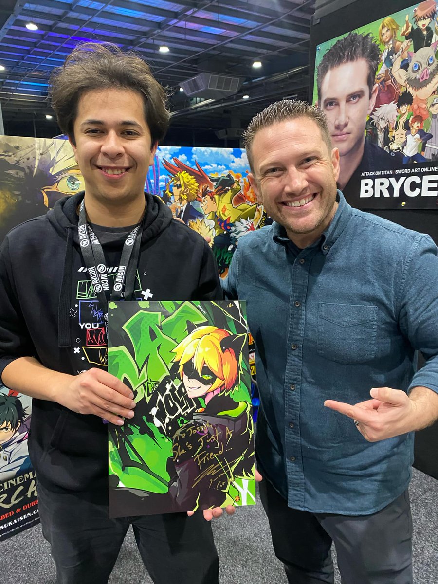 mangaxai's tweet photo. I had a fun time at @TeamAVCon_  this year! It was awesome getting the opportunity to meet @BrycePapenbrook and getting him to sign my Cat Noir artwork.

Ignore how dead I look 🤣 https://t.co/jYDXJTQACJ