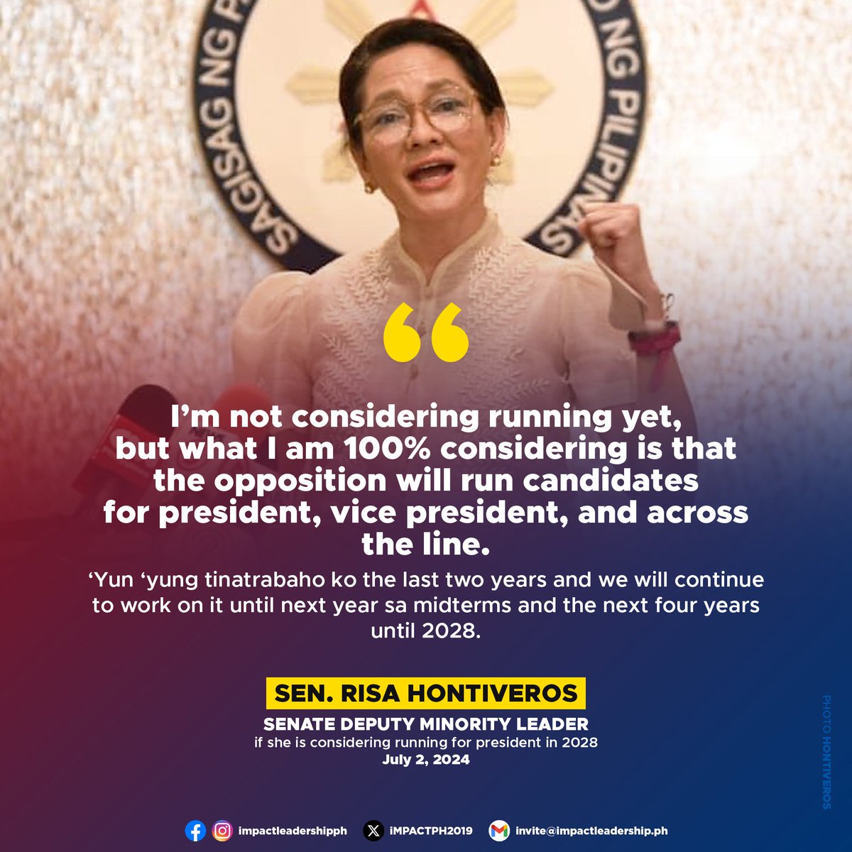 iMPACTPH2019's tweet photo. IS RISA CONSIDERING RUNNING FOR PRESIDENT IN 2028?

Sen. Risa Hontiveros emphasizes that, while she is not yet considering a presidential run, her priority is ensuring that the opposition fields strong candidates for president, vice president, and other positions. https://t.co/w3rWPzVqSp