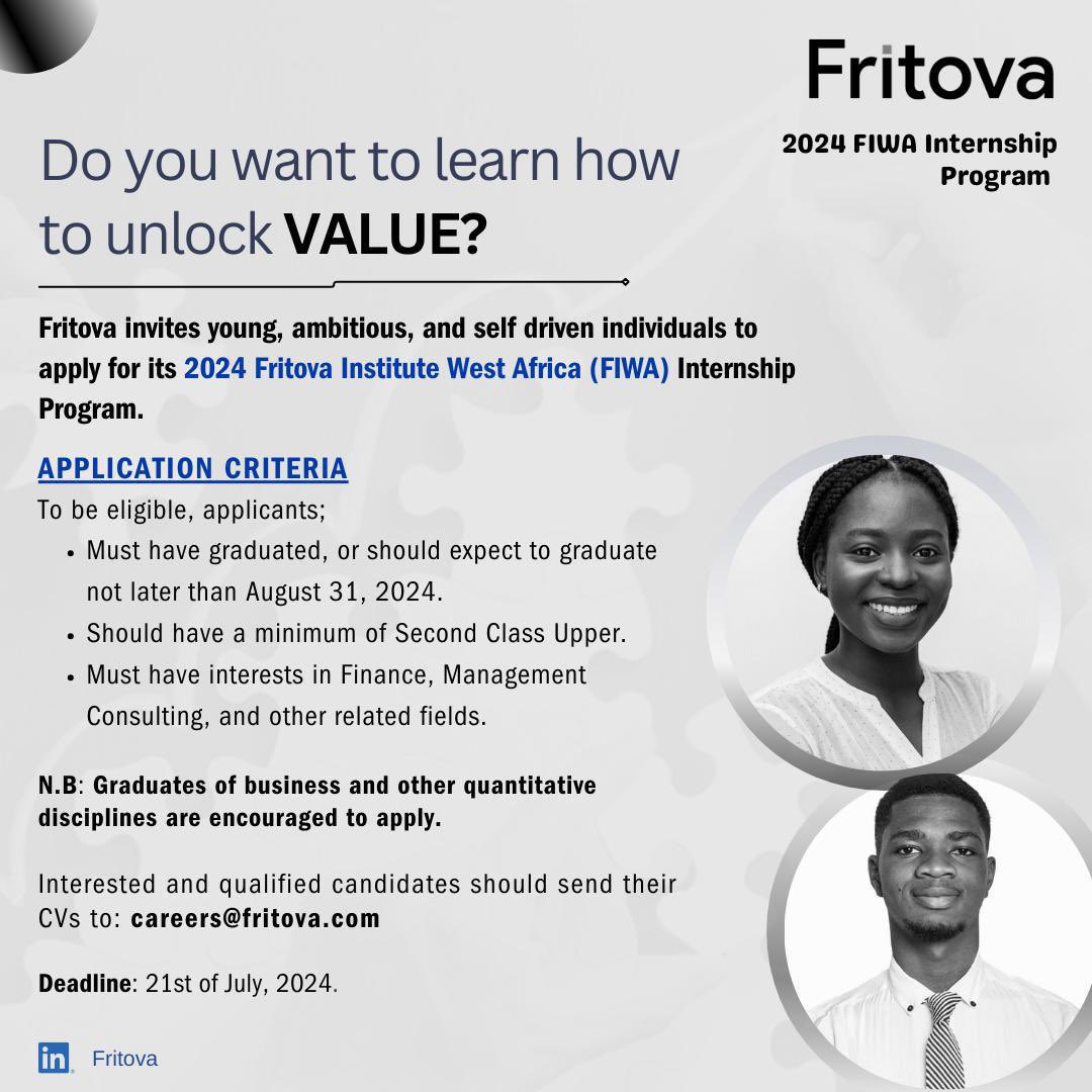 Michael_Oluokun's tweet image. Hello there!
Are you passionate about a career in finance, management consulting, or a related field?
*Fritova* invites you to an opportunity of a lifetime in getting a head start in your career.
Send your CVs to: careers@fritova.com
Check attached flier for further details.