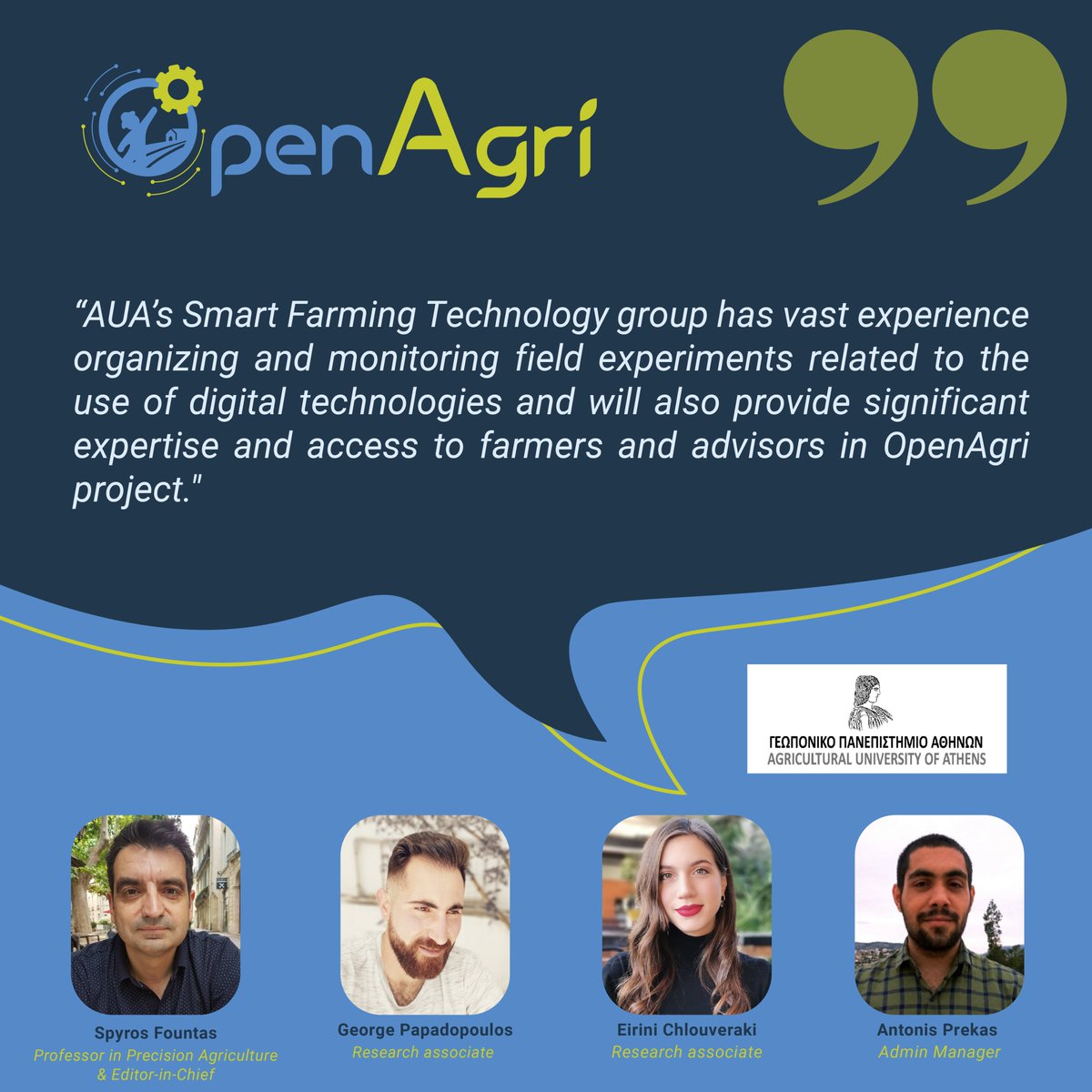 #MeetOurPartners: Agricultural University of Athens (AUA) Excited to present AUA, a leader in Greek &amp; European agriculture! 🌍Founded in 1920, AUA drives 1/3 of Greece's agri research and leads WP3 in OpenAgri, developing cloud-based #ADSs. 💻🌱