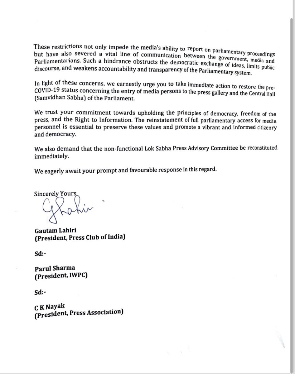 Press Club of India (@pcitweets) on Twitter photo The Press Club of India, IWPC and the Press Association write a letter to the <a href="/loksabhaspeaker/">Lok Sabha Speaker</a>, <a href="/ombirlakota/">Om Birla</a>, reiterating its stand of granting unrestricted media entry to the Lok Sabha press gallery and Parliament House.
<a href="/iwpcdelhi/">Indian Women’s Press Corps</a> The Press Club of India, IWPC and the Press Association write a letter to the <a href="/loksabhaspeaker/">Lok Sabha Speaker</a>, <a href="/ombirlakota/">Om Birla</a>, reiterating its stand of granting unrestricted media entry to the Lok Sabha press gallery and Parliament House.
<a href="/iwpcdelhi/">Indian Women’s Press Corps</a>