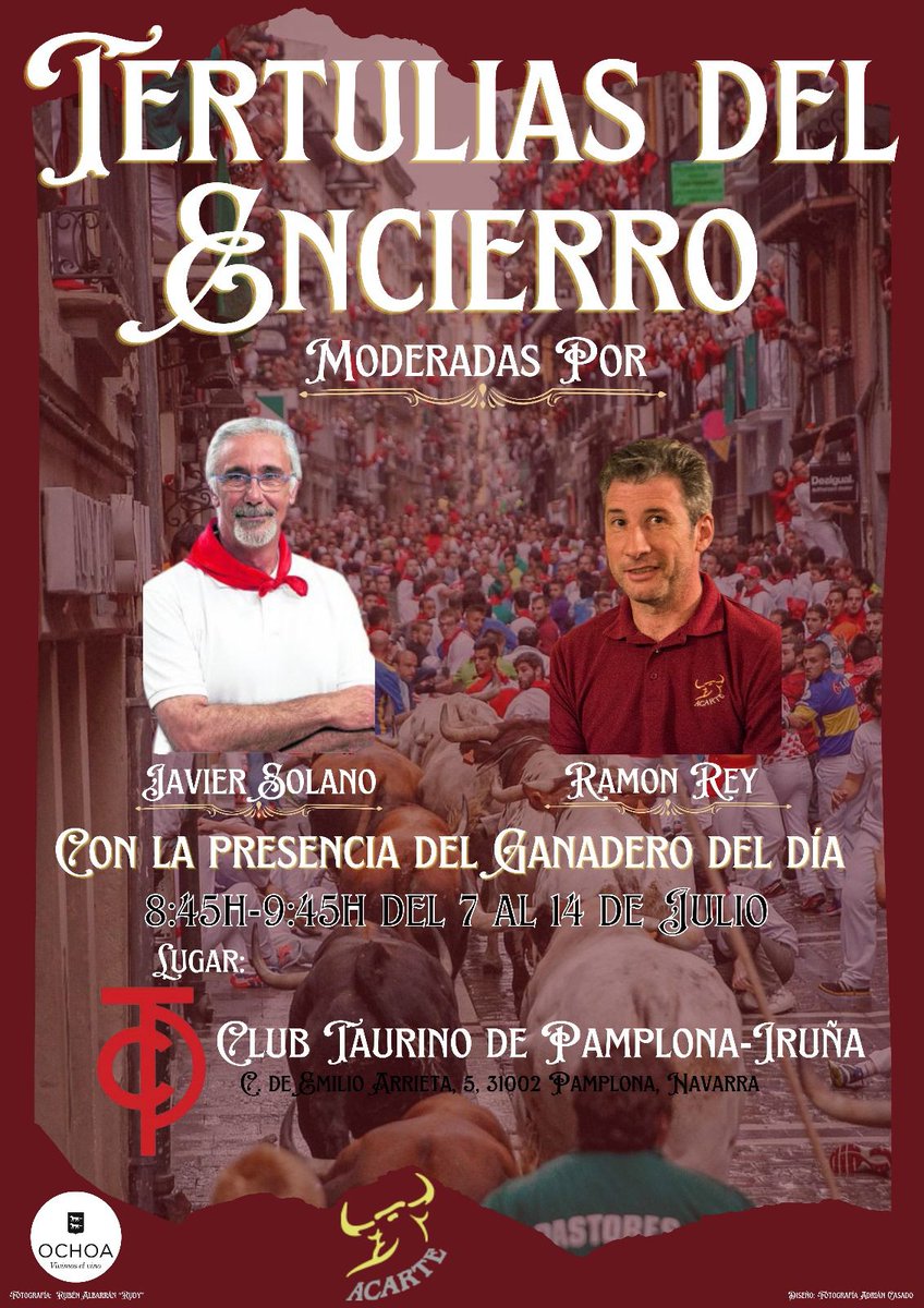 Nuestro compañero en UPTE y Presidente de <a href="/acartees/">A.C.A.R.T.E.</a>, Ramón Rey, participará en las Tertulias diarias del encierro de Pamplona, que se celebrarán en el Club Taurino de la ciudad junto al ganadero de cada día. Enhorabuena por la iniciativa. El Toro nos preocupa. ¡¡Y nos ocupa!! 🤘🏽