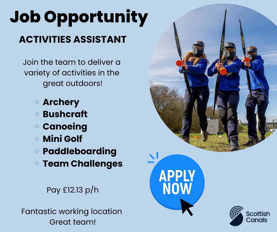 𝗝𝗼𝗯 𝗩𝗮𝗻𝗰𝗮𝗻𝗰𝘆 

- Falkirk Wheel 

We are on the look out for Activities Assistants to deliver a variety of outdoor activities 

Archery
Bushcraft
Canoeing
Mini Golf
Paddleboarding
Team Challenges

Find out more &amp; apply
📷 bit.ly/ActivitiesTeam…