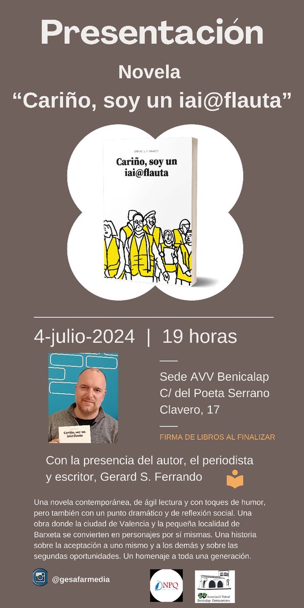 Este jueves os esperamos a las 19 horas en la presentación de mi novela en la sede de la Avv de Benicalap.
¡La novela más comprometida que leerás este año!