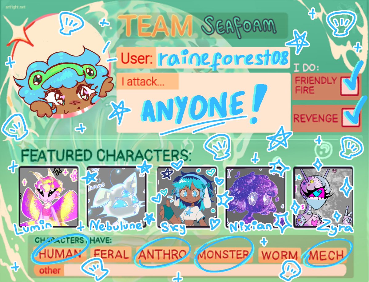 raineforest08's tweet photo. #artfight #artfight2024 #artfight2024Teamseafoam 

feel free to attack me! i try to revenge everyone :3 https://t.co/vPHJAJ0pid