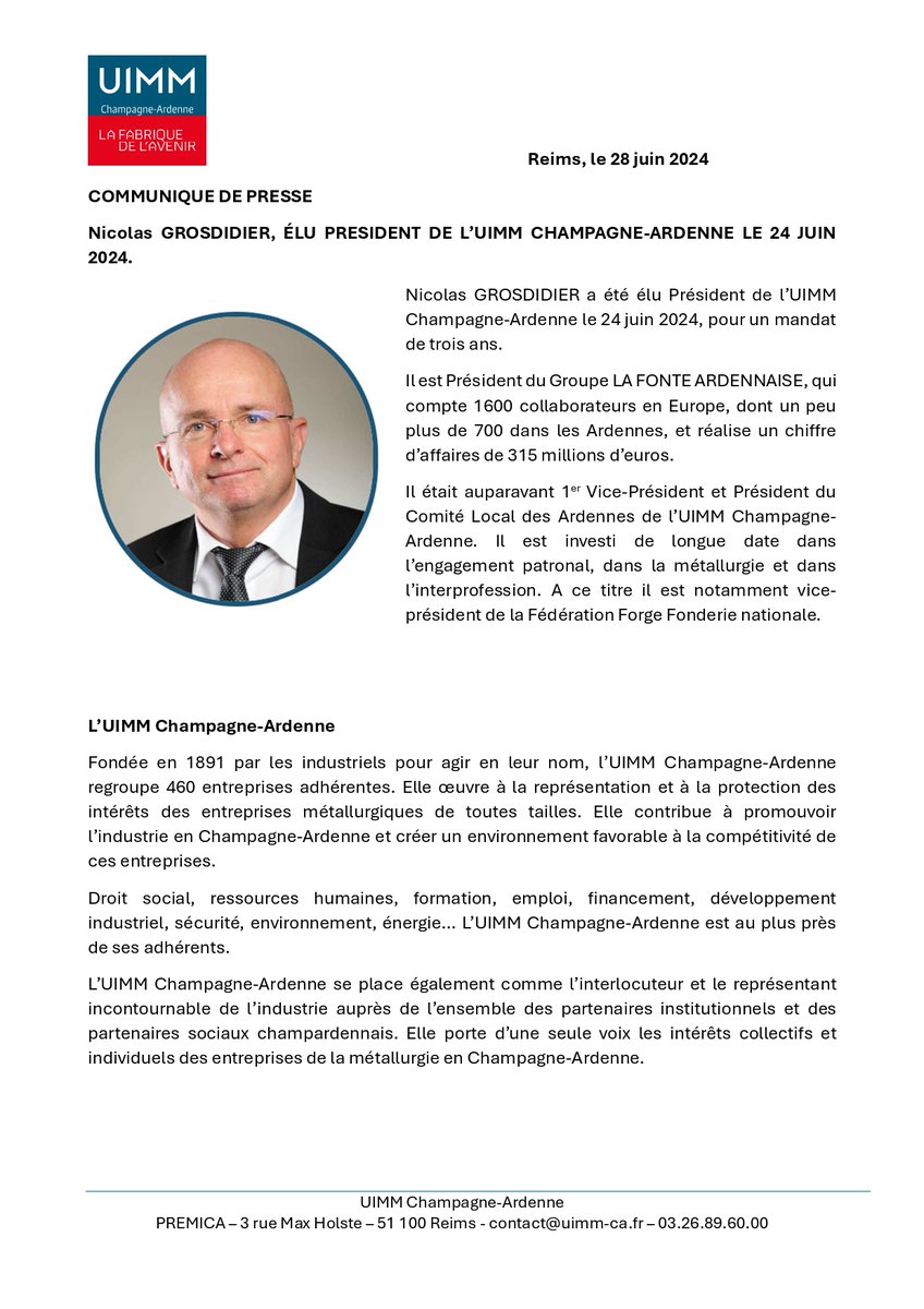 Nous avons le plaisir de vous annoncer l'élection de Nicolas GROSDIDIER à la Présidence de l'UIMM CHAMPAGNE ARDENNE pour 3 ans.

Il succède à Christian BRETHON qui a été élu, au mois d'avril dernier, Président de l'#UIMM Grand Est.