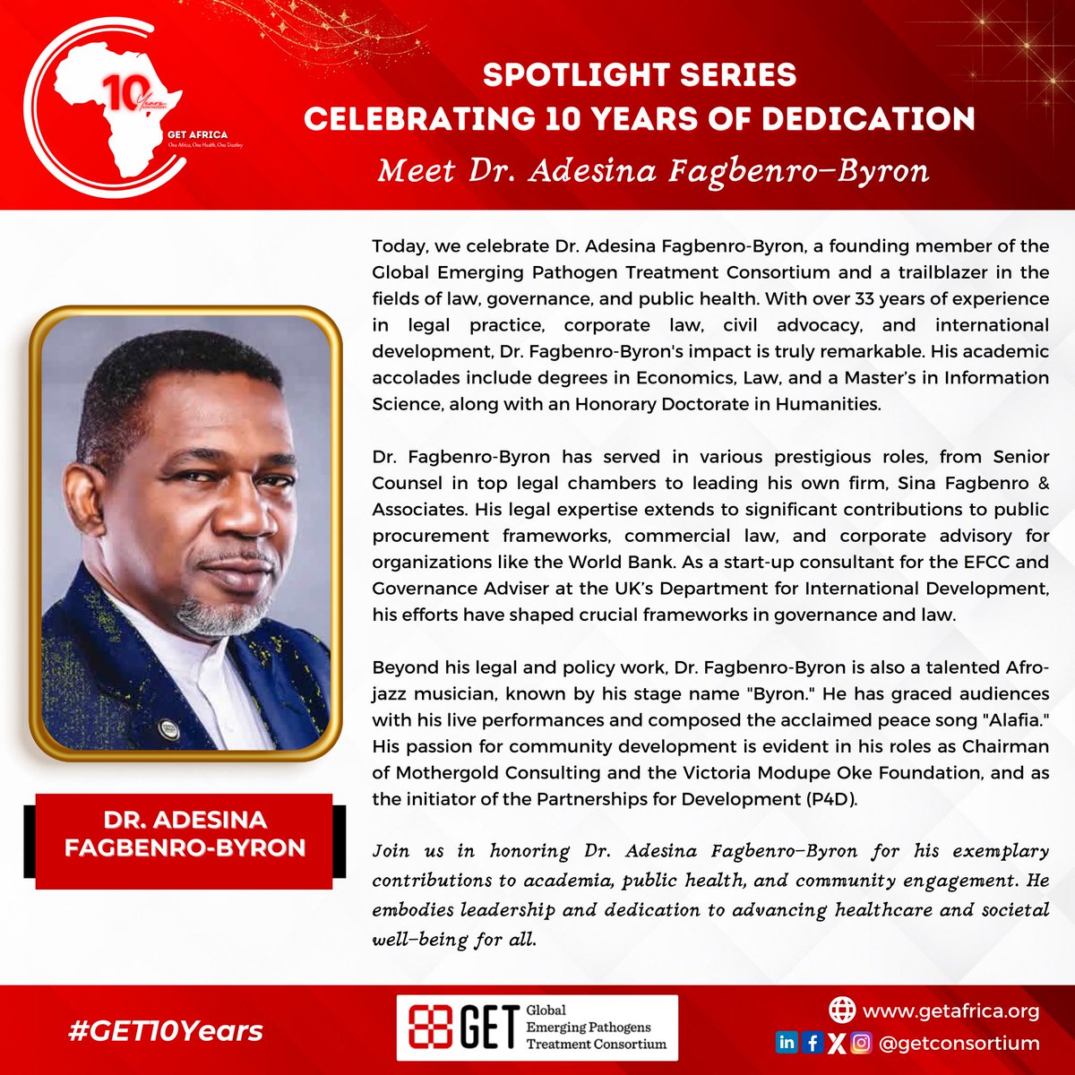 GETConsortium's tweet photo. π Meet Dr. Adesina Fagbenro-Byron π
Join us in honoring Dr. Adesina Fagbenro-Byron, a founding member of the Global Emerging Pathogen Treatment Consortium.
Today, we celebrate his contributions to public health.
#get10years #publichealth #globalhealth #leadership https://t.co/a3UT3Tx2Xs