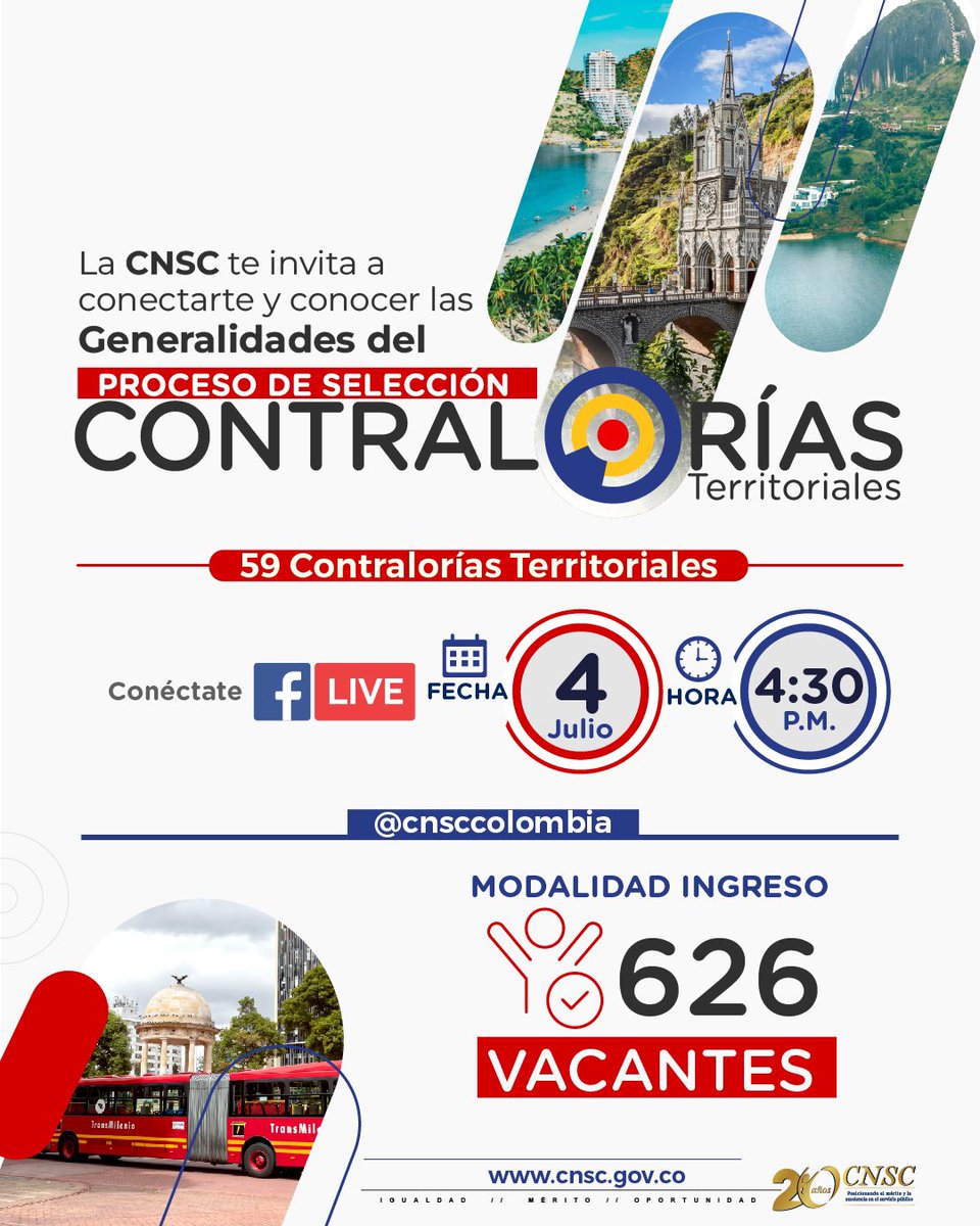 CNSCColombia's tweet photo. 🎥 Únete a nuestro Facebook Live para resolver todas tus dudas sobre el #ProcesoSeleccionCNSC Contralorías Territoriales.
🗓️ Jueves 4 de julio de 2024
🕒 4:30 P.M
📺 Conéctate a través de nuestro perfil de Facebook o YouTube: 
🔵 Facebook CNSCColombia 
🔴 YouTube CNSC Colombia https://t.co/PGvoEAv3hP
