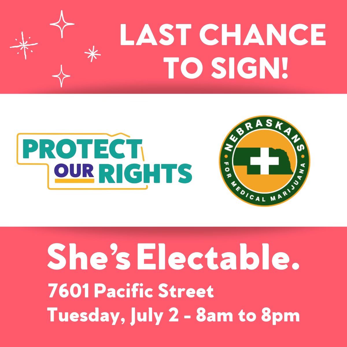 Head over to @WomenWhoRunNE (7601 Pacific St) from 8-8 today (July 2nd) for your last chance to sign the <a href="/POR2024/">Protect Our Rights</a> &amp; Nebraskans for @NebraskaMJ petitions.

And if needed, sign the affidavit to take your name off that bs one. Let’s do this Nebraska.