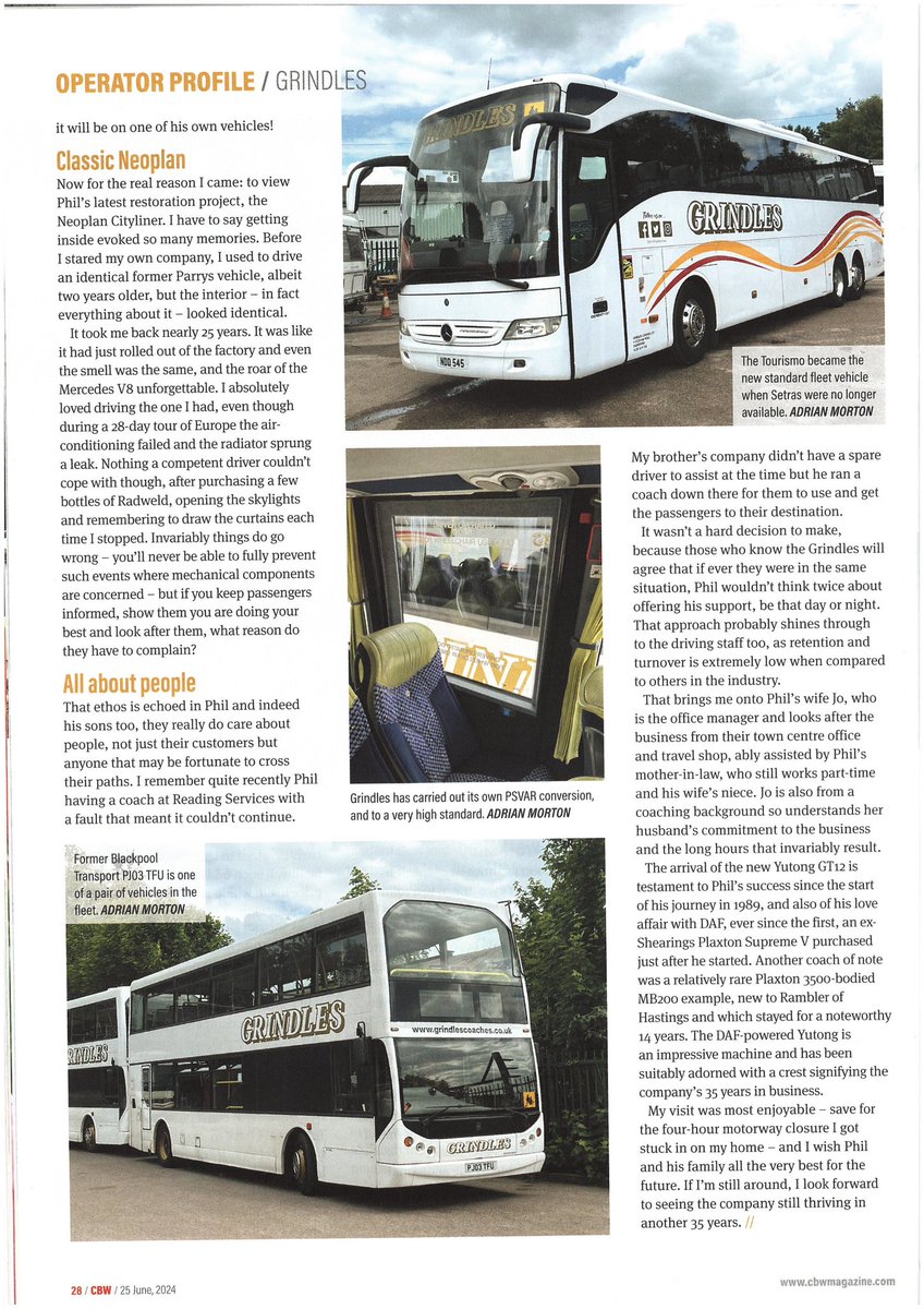A few weeks ago we were delighted to be visited by Adrian Morton from <a href="/CBWtweets/">Coach & Bus Week</a>.

As a result have had a lovely article written and published about us last week.

#grindlescoaches #travelwithgrindles #gowithgrindles #coachtravel #coaches #grindles #luxurycoaches #privatehire
