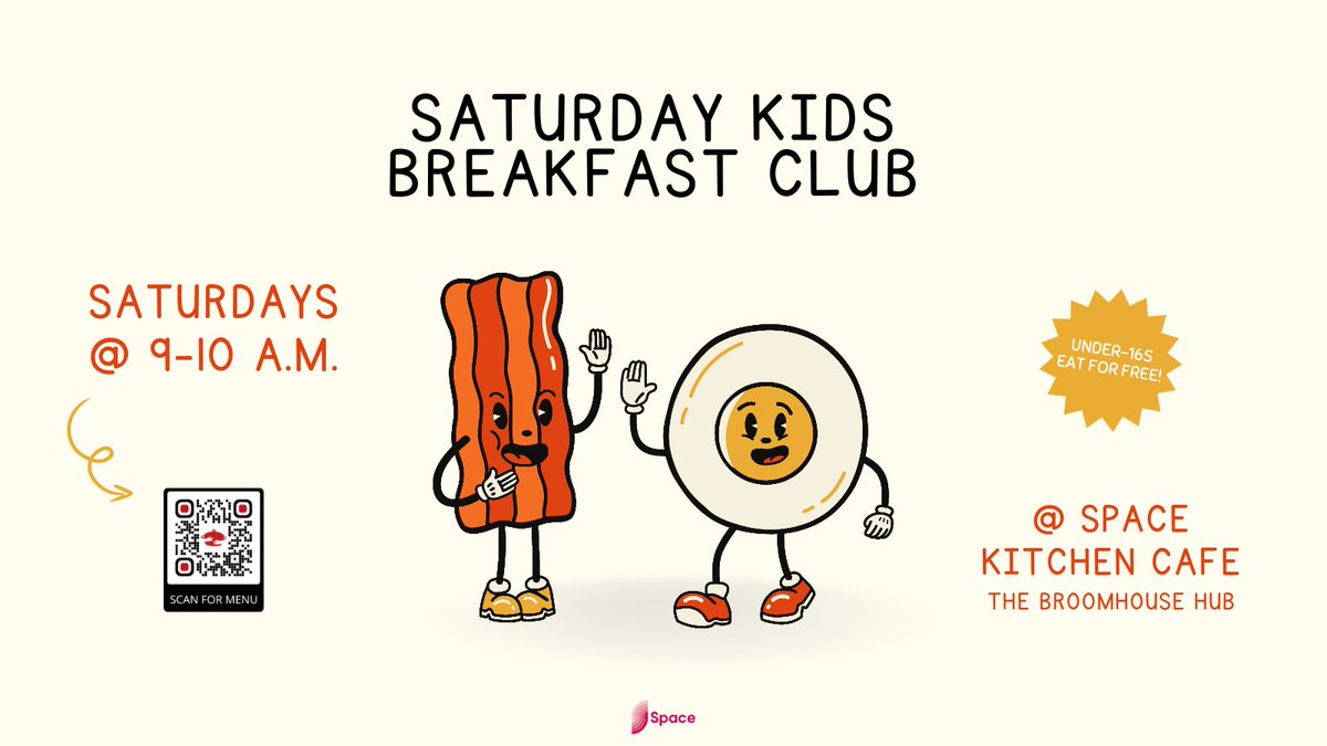 SpaceBroomhouse's tweet photo. Starting THIS WEEKEND @ The #BroomhouseHub: Saturday Kids Breakfast Club!
📅 Saturdays @ 9-10 a.m.
🧒 Under-16s eat free!
🥐 Whilst the kids tuck in, grab brunch (9 a.m.-2 p.m.)
#BreakfastClub #KidsBreakfastClub #kids #children #breakfast #Space #SpaceKitchen #BroomhouseHub https://t.co/l118mtwGAd