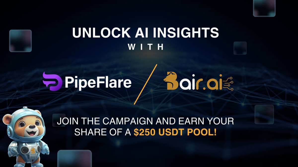 BAIR_AI's tweet photo. Love earning freebies and tokens? 

We've got exciting news! https://t.co/077w48KVPK has partnered with @PipeFlare to launch an incredible campaign where you can earn points and win big by engaging with AI tools 👨‍💻💥

Join now and claim your share of the $250 USDT Pool! 💰 

Check the campaign rules here: https://t.co/Op8uxZa0sE

#PipeFlare #BairAI #CryptoRewards #GamingCommunity #EarnCrypto #airdrop #reward