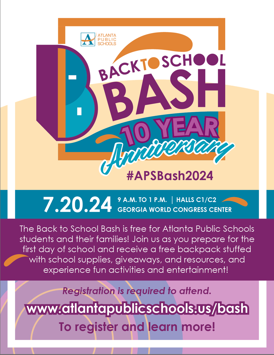🎈🎒 APS families, it's time for the Back-to-School Bash! Join us for our 10th Anniversary celebration! Get free backpacks, school supplies, and valuable resources. Don't forget to save the date!  #AtlantaPublicSchools Details here: atlantapublicschools.us/bash