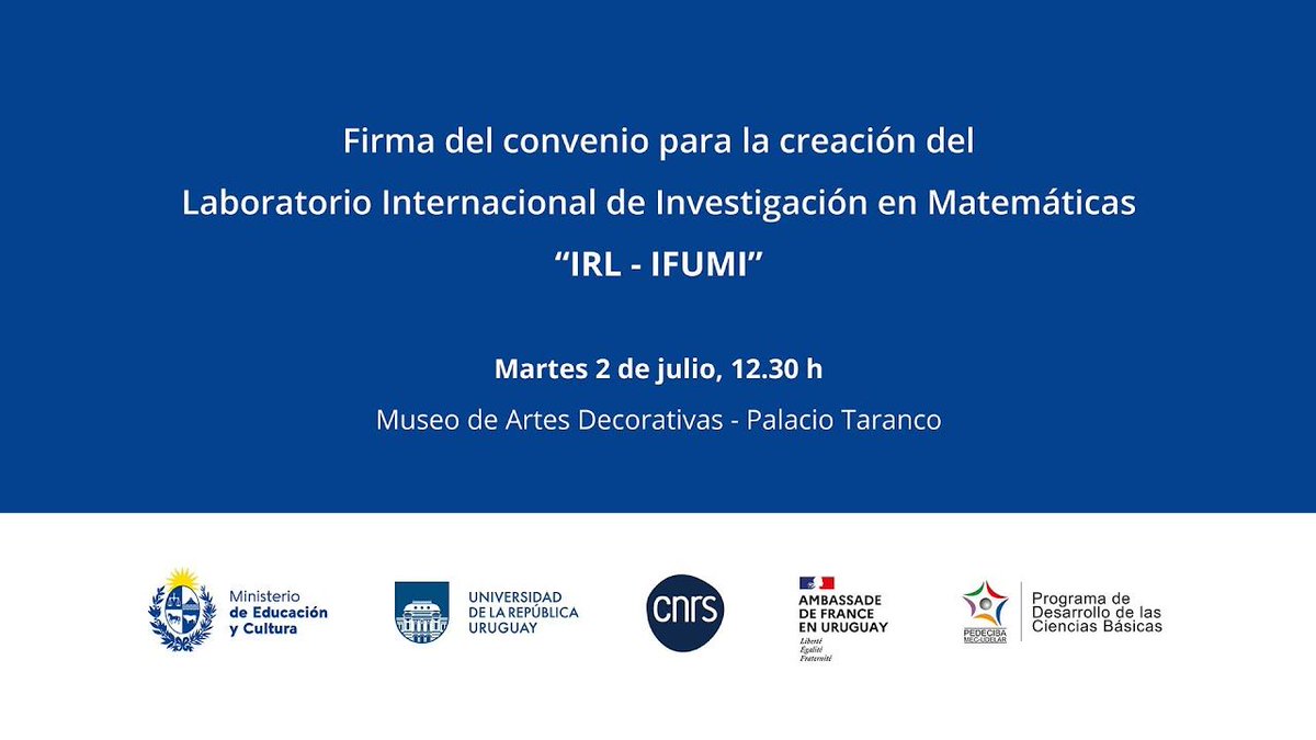 CNRS_INSMI's tweet photo. #International 🌎 | Aujourd'hui, le @CNRS, le @MEC_Uruguay et @Udelaruy signeront l'accord qui initiera la création du nouveau laboratoire international de #mathématiques IFUMI 🇫🇷 🇺🇾 

En direct dès 17h30 👉 https://t.co/67SlYgbNt1

👋 @CNRSinRio @FranceenUruguay @PEDECIBA https://t.co/cDcRm13EyZ