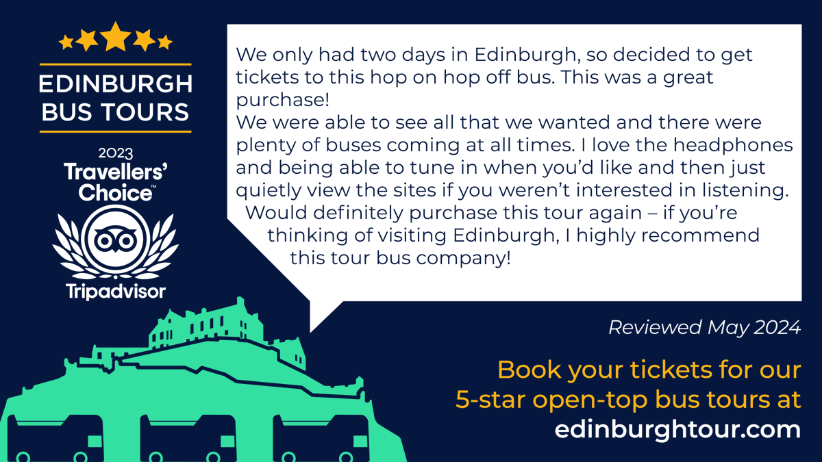 edinburghtour's tweet photo. “If you’re thinking of visiting Edinburgh, I highly recommend this tour”
There’s a reason we’re rated 5-star. Hope on one of our three tours and experience the best of Edinburgh with us! 🌟
#EdinburghBusTours #Testimonial #5StarTours https://t.co/fjWMnDv5Ca