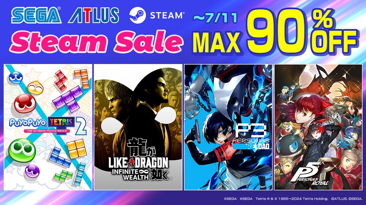 EXOSIAProject's tweet photo. ICYMI: The SEGA ATLUS Steam sale runs until July 11!

Discounts on Like A Dragon: Infinite Wealth, Persona 3: Reload, and more are on Steam right now!!

#AngatEXOSIA #SEGA #ATLUS https://t.co/lOsmwB4TUR