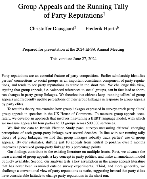 Frederik Hjorth (@fghjorth) on Twitter photo Soon en route to #EPSA2024 to present three papers 😅 : Thursday 9am I will present joint work w. <a href="/chdausgaard/">Christoffer H. Dausgaard</a> on what voters learn from parties' use of group appeals 👇 1/4 Soon en route to #EPSA2024 to present three papers 😅 : Thursday 9am I will present joint work w. <a href="/chdausgaard/">Christoffer H. Dausgaard</a> on what voters learn from parties' use of group appeals 👇 1/4