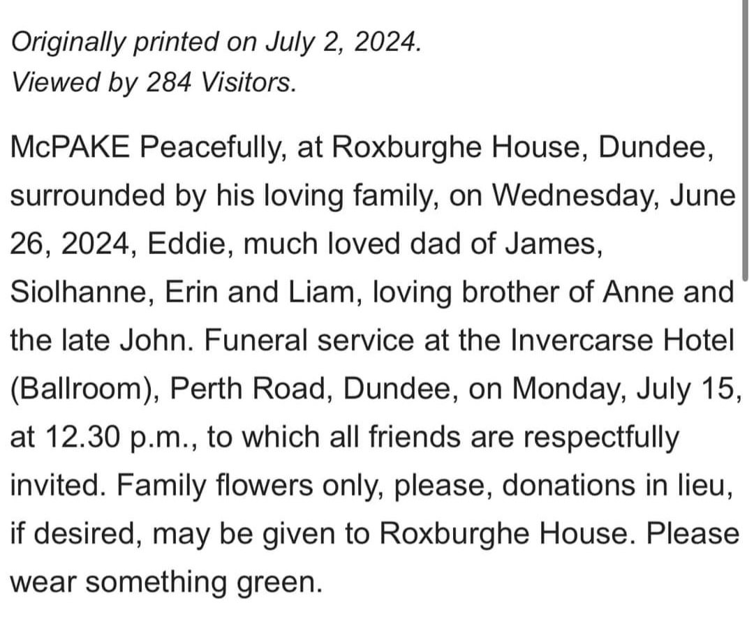 Funeral service details for Eddie McPake