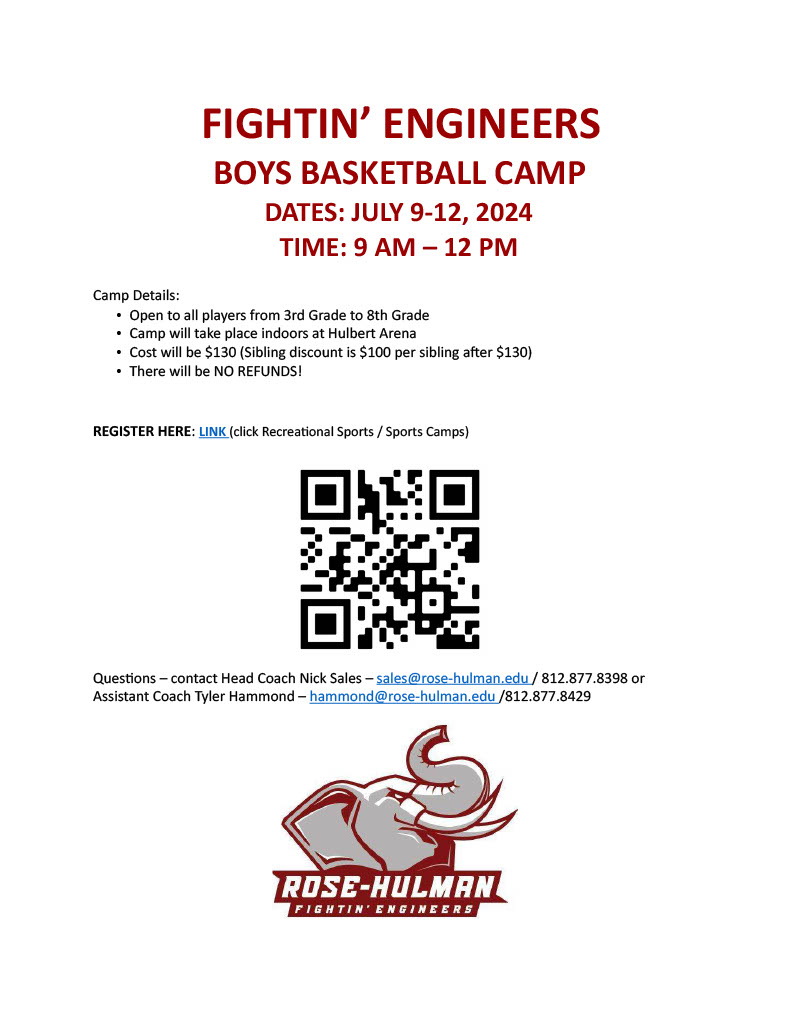 We are 1 week away from Fightin' Engineers Boys Basketball Camp! Register by using the QR code on the picture attached! Registration is open until camp next week! We are taking walk-ups as well! Please share with friends and family #BasketballCamp #GoRose #YouthSports #SummerCamp