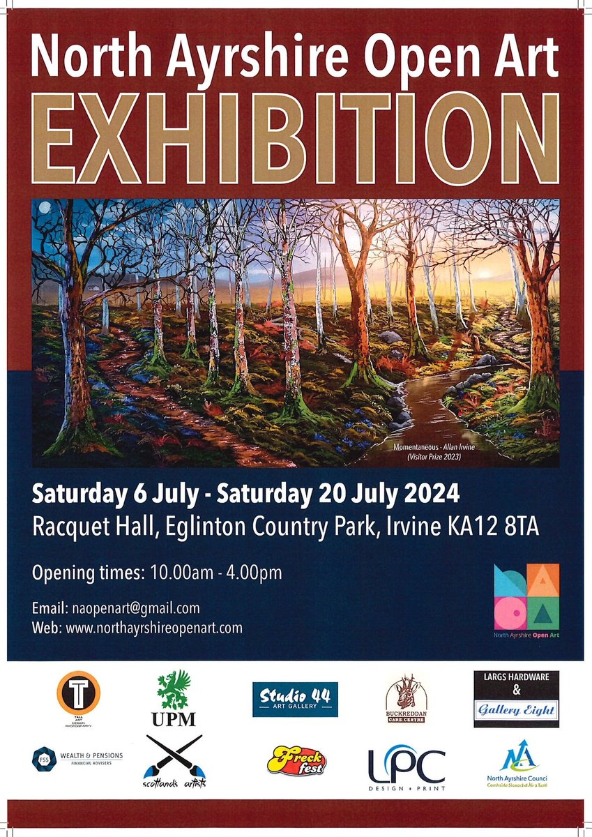 This year's North Ayrshire Open Art exhibition returns to the Racquet Hall at <a href="/EglintonPark/">Eglinton Country Park</a> this Saturday 🎨 Entry is FREE, the venue is family friendly and dogs on leads 🐶 are welcome. Open 10am-4pm daily from this weekend #supportlocalartists #LoveNorthAyrshire
