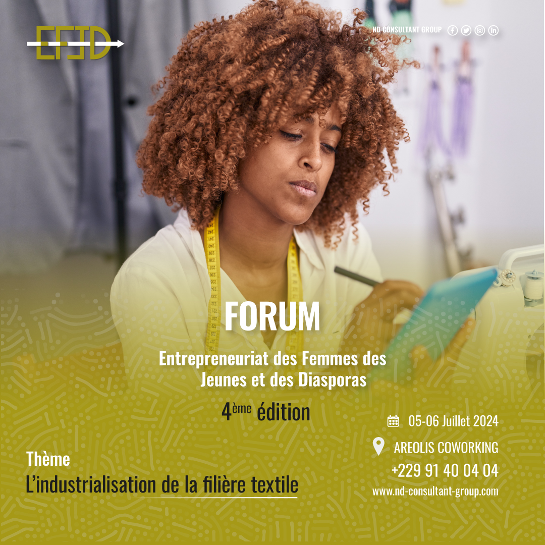 NdConsultantGro's tweet photo. Forum Entrepreneuriat des Femmes, des Jeunes et des Diasporas (EFJD) :
Le plus grand rassemblement des acteurs de la filière textile béninoise.
Pour obtenir plus d'informations, veuillez nous contacter :
Téléphone : +229 91 40 04 04
Email : contact@forum-efjd.com
 #EFJD2024 https://t.co/o2nTlm4xkJ