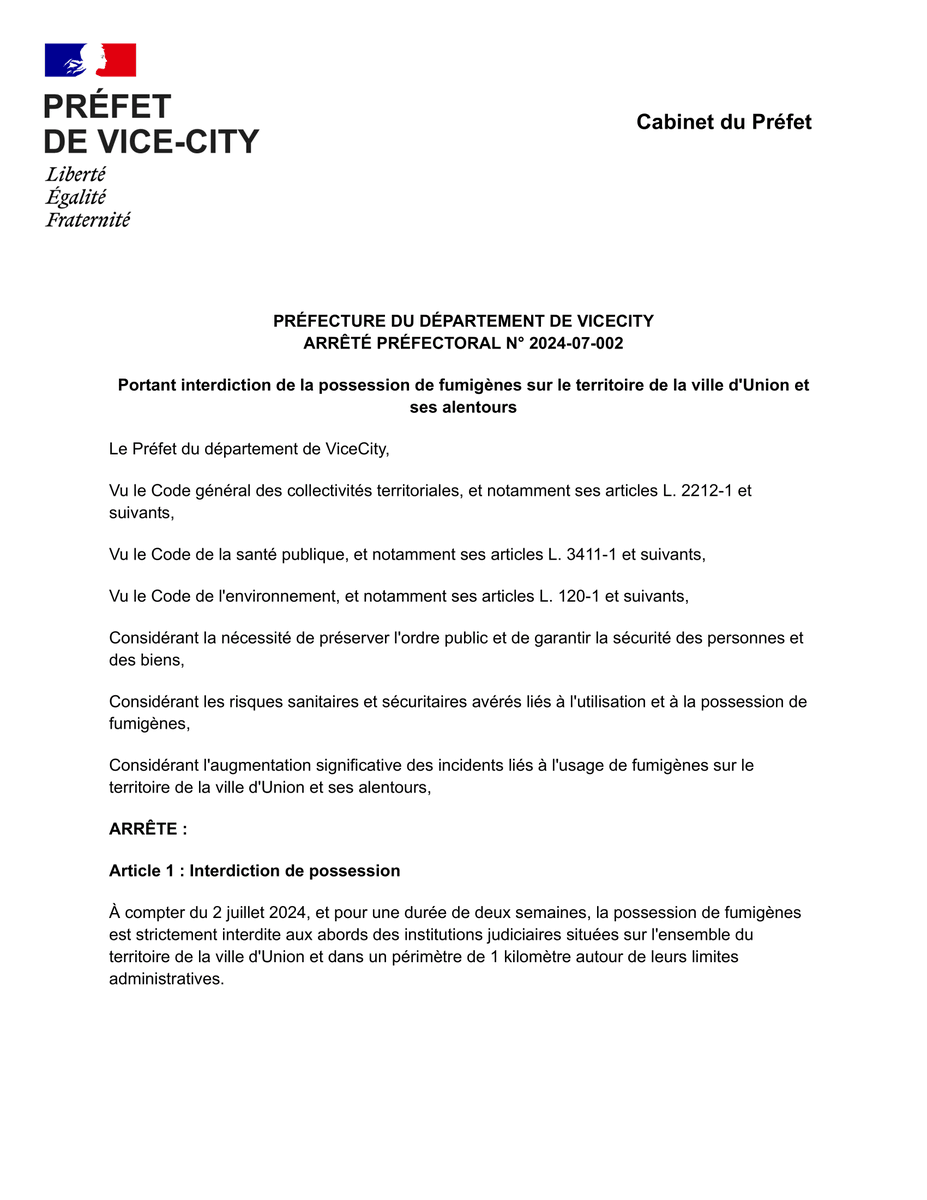 ArmaForLife's tweet photo. Un arrêté préfectoral, émis par la préfecture de ViceCity, interdit la possession de fumigènes dans la ville d'Union et dans un périmètre de 1 kilomètre autour de ses limites administratives pour une durée de deux semaines, à compter du 2 juillet 2024. (RP) https://t.co/dO2bnI6ynH